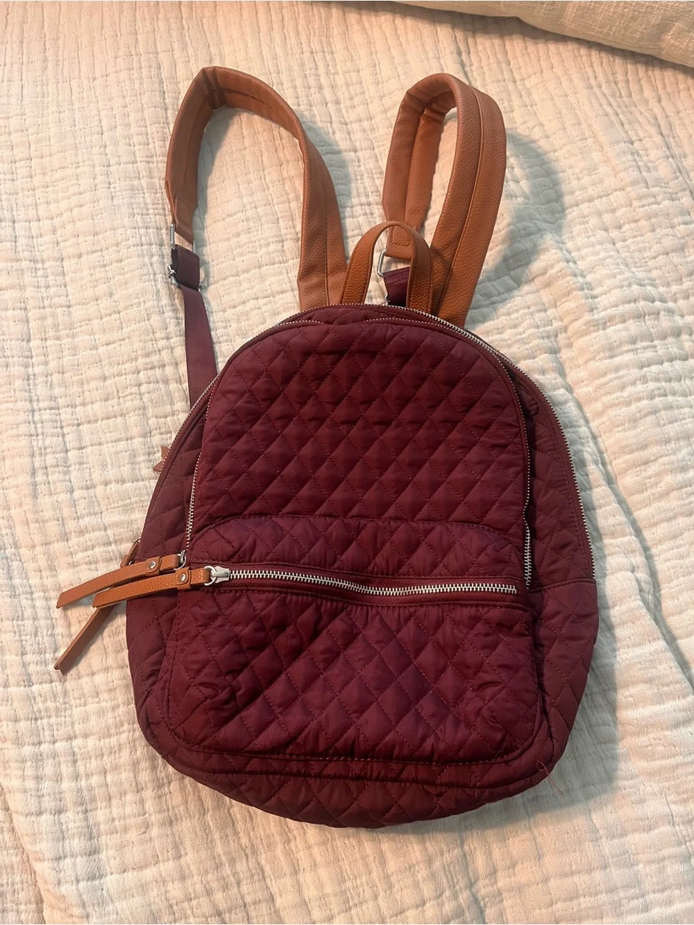 Martha Stewart Quilted Burgundy Backpack with Tan Straps